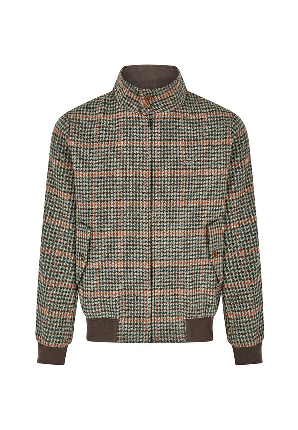 colour_Brown|Wool Blend Dogtooth Check Harrington Jacket Front by Merc London