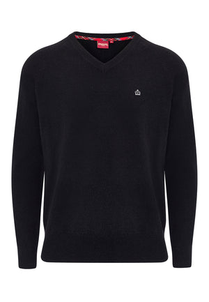 A black Conrad Wool Blend Jumper with a V-neckline and long sleeves, displaying fine-rib cuffs.