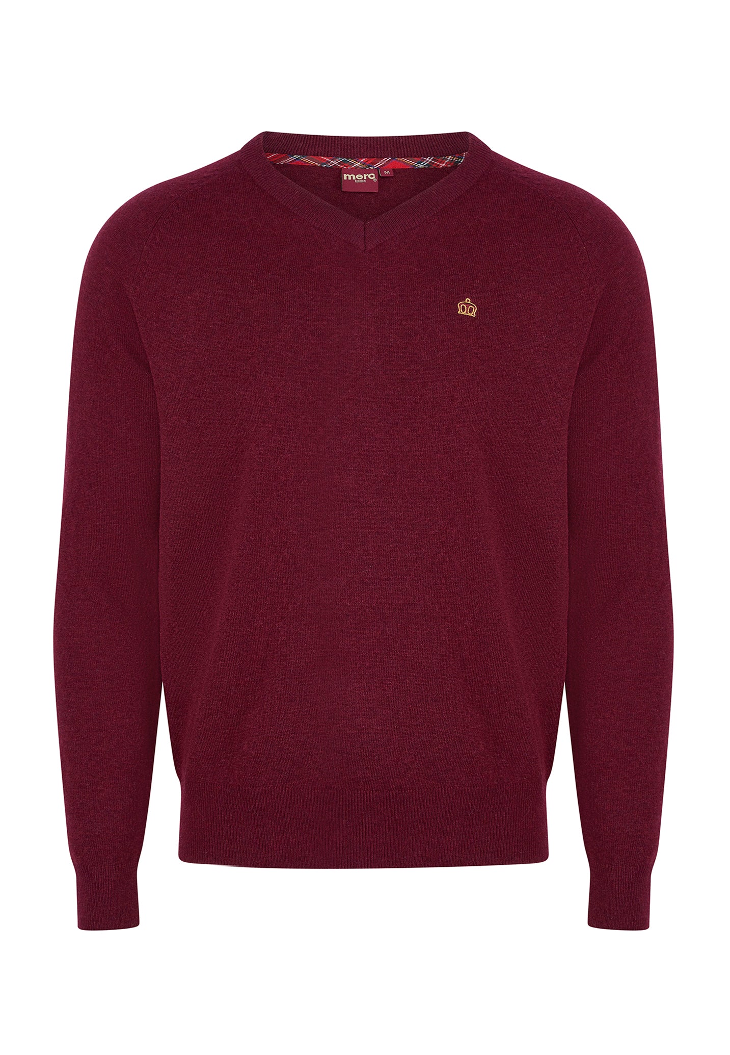 A burgundy Conrad Wool Blend Jumper with a V-neckline and long sleeves, displaying fine-rib cuffs.