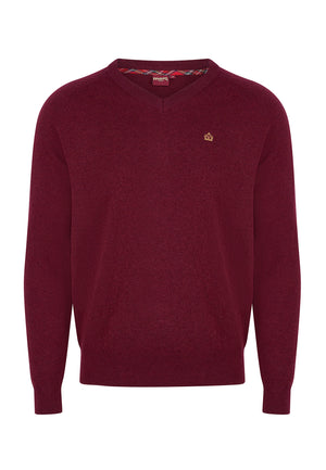 A burgundy Conrad Wool Blend Jumper with a V-neckline and long sleeves, displaying fine-rib cuffs.