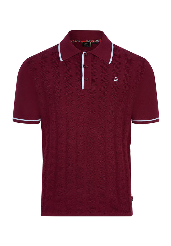 colour_Burgundy|Wine Cable Knitted Polo Shirt by Merc London
