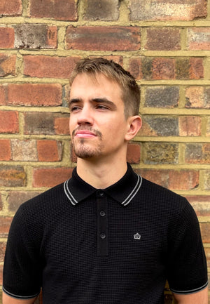 colour_Black|Waffle Knitted Polo Shirt Front by Merc