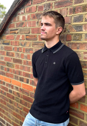 colour_Black|Waffle Knitted Polo Shirt Front by Merc