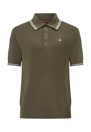 colour_Olive|Waffle Knitted Polo Shirt Front by Merc