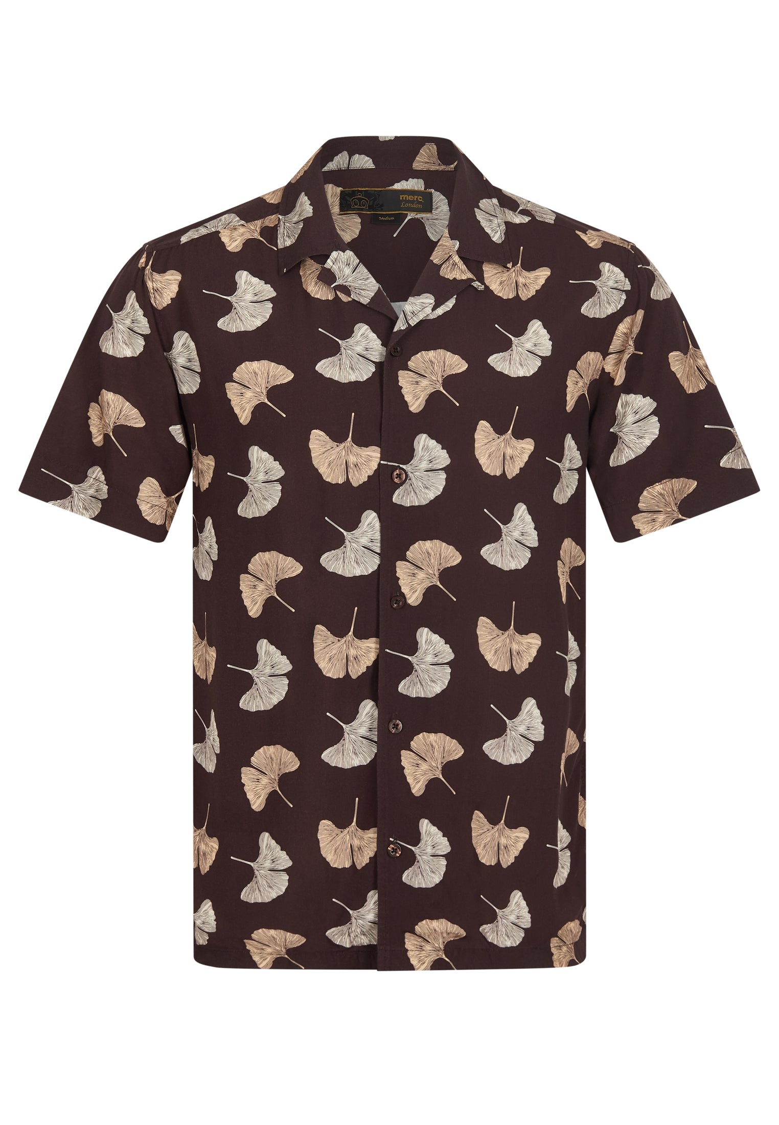 colour_Dark Brown | Watkins Leaf Printed Short Sleeve Shirt Ghost - Merc London