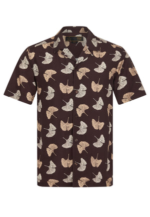 colour_Dark Brown | Watkins Leaf Printed Short Sleeve Shirt Ghost - Merc London