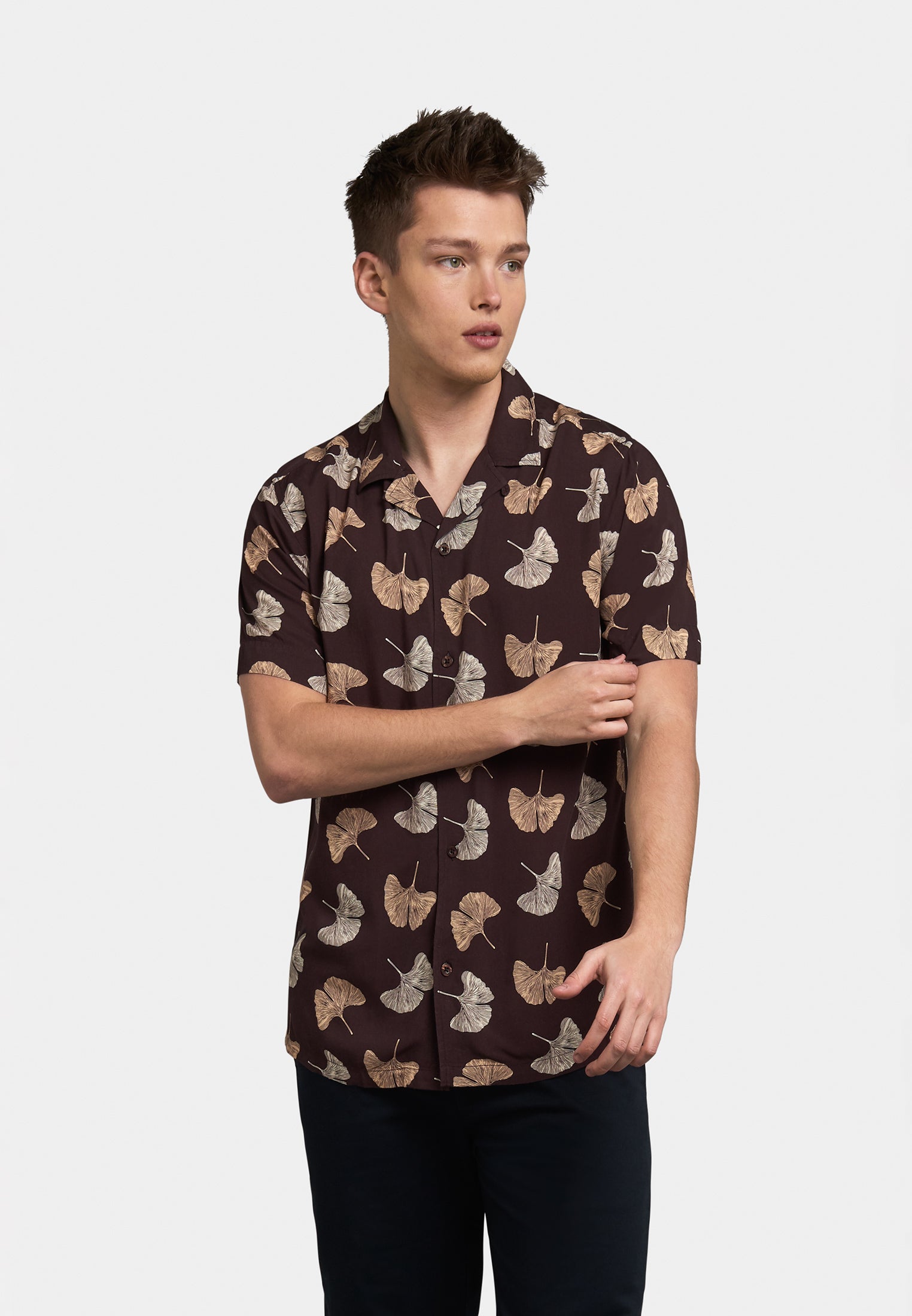 colour_Dark Brown | Watkins Leaf Printed Short Sleeve Shirt Front - Merc London