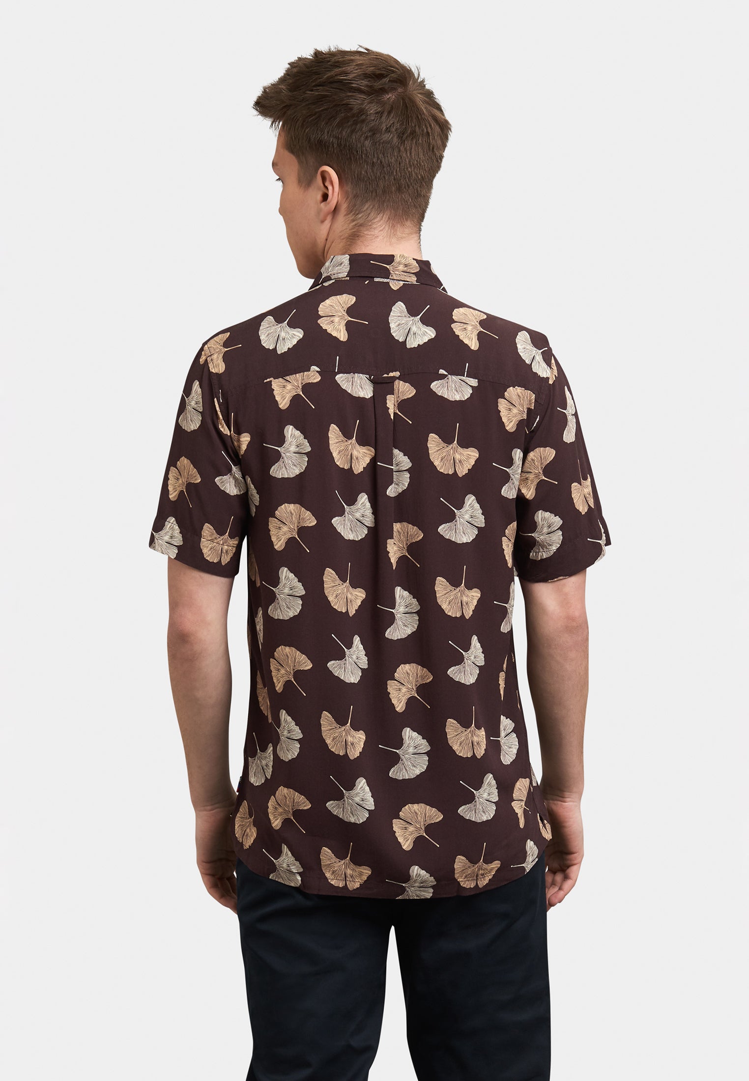colour_Dark Brown | Watkins Leaf Printed Short Sleeve Shirt Back - Merc London
