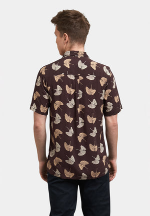 colour_Dark Brown | Watkins Leaf Printed Short Sleeve Shirt Back - Merc London