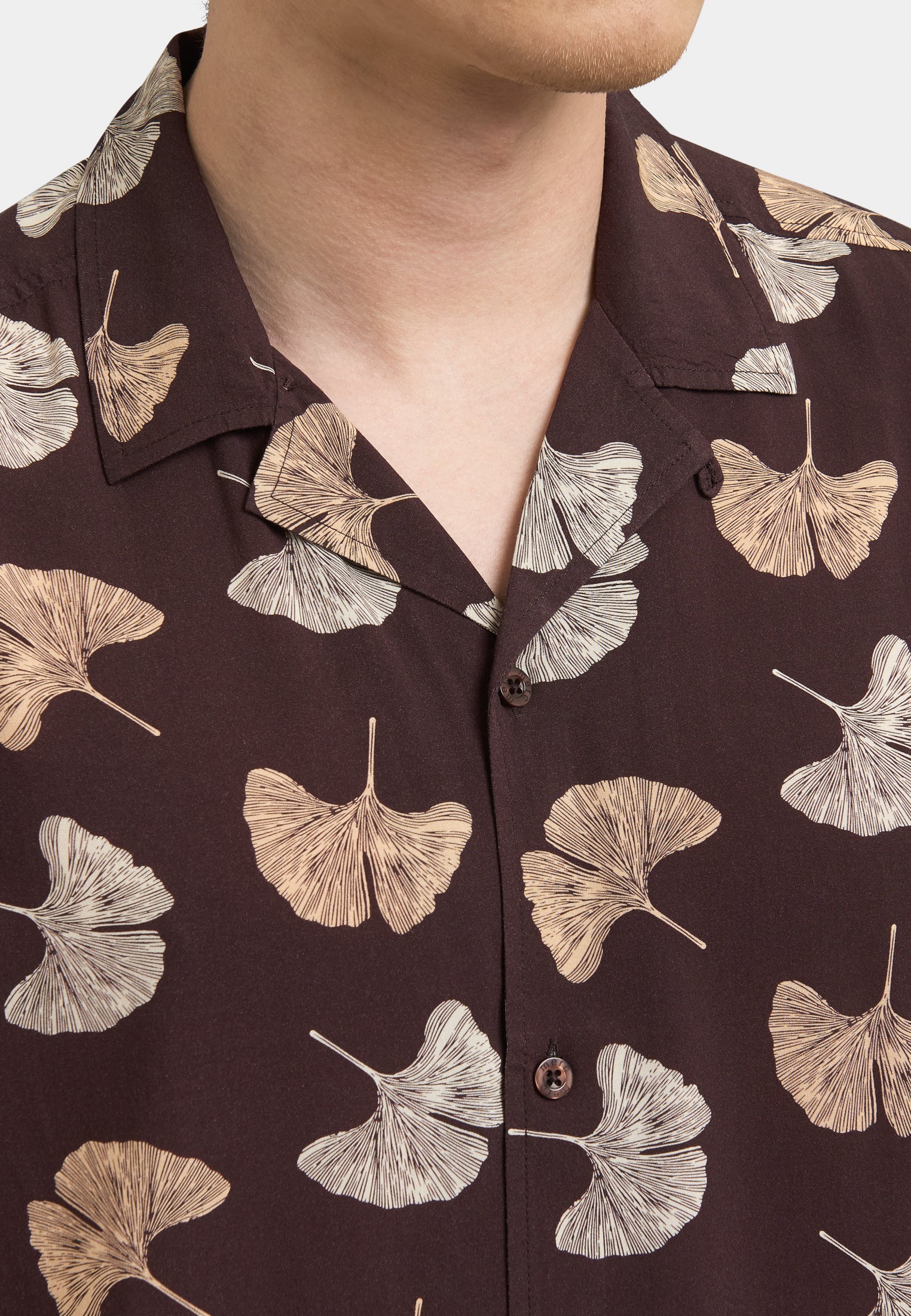 colour_Dark Brown | Watkins Leaf Printed Short Sleeve Shirt Detail - Merc London