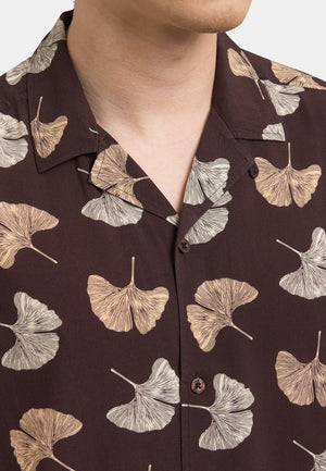 colour_Dark Brown | Watkins Leaf Printed Short Sleeve Shirt Detail - Merc London