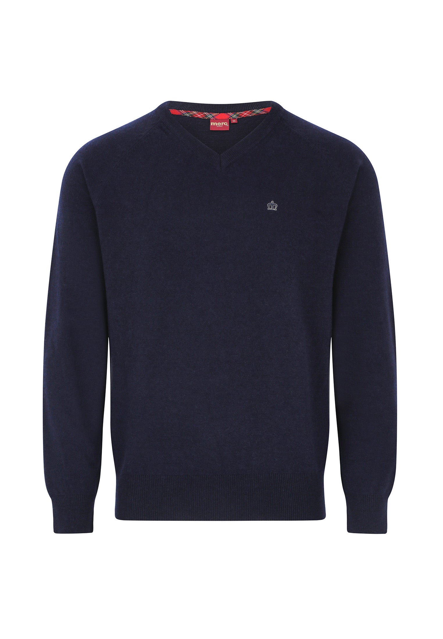 A navy Conrad Wool Blend Jumper with a V-neckline and long sleeves, displaying fine-rib cuffs.