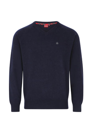 A navy Conrad Wool Blend Jumper with a V-neckline and long sleeves, displaying fine-rib cuffs.
