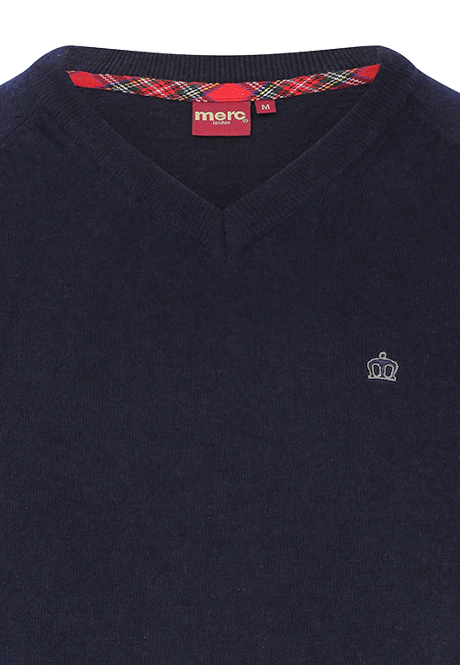 A navy Conrad Wool Blend Jumper with a V-neckline and long sleeves, displaying fine-rib cuffs.
