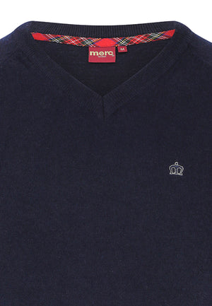A navy Conrad Wool Blend Jumper with a V-neckline and long sleeves, displaying fine-rib cuffs.