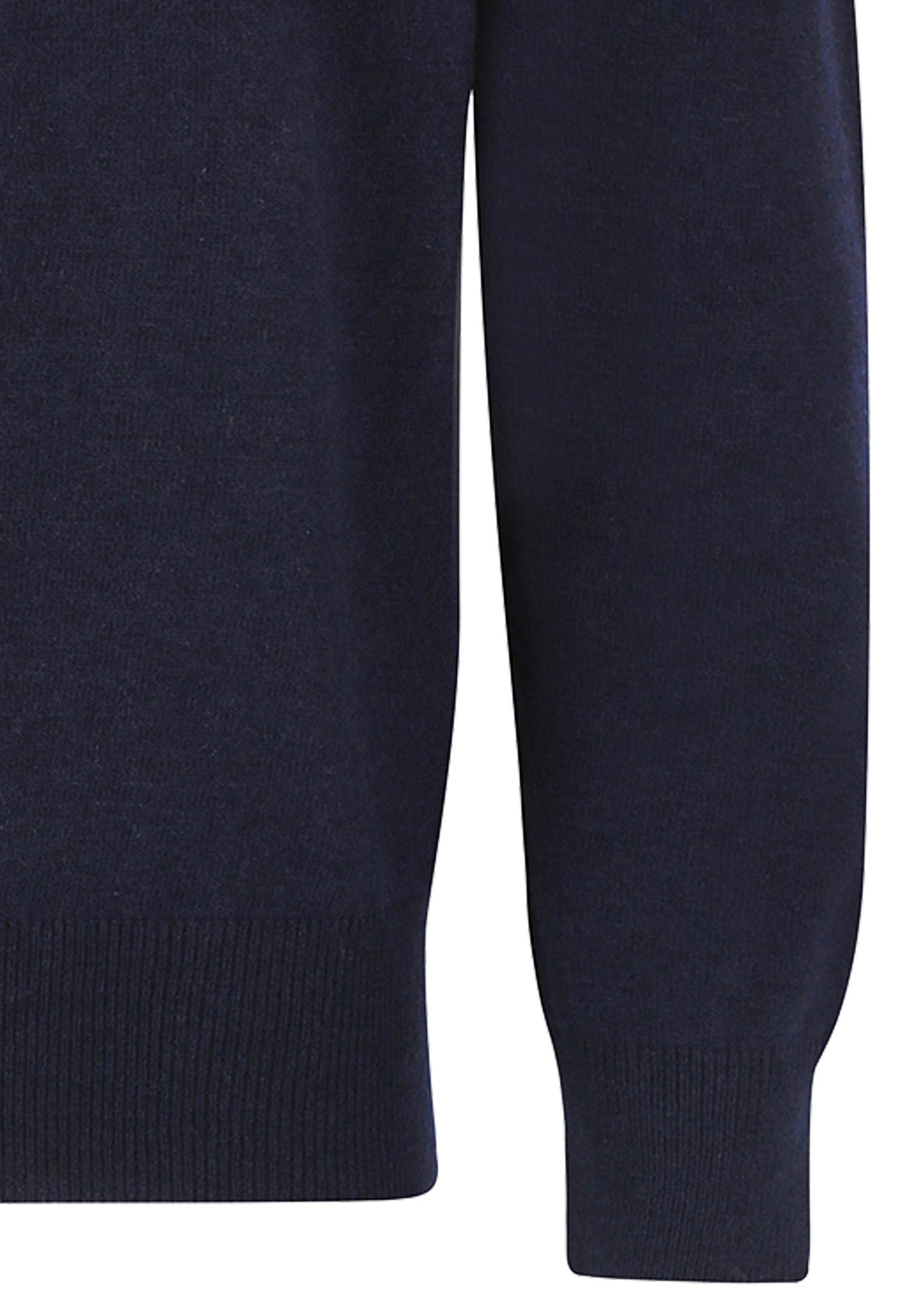 A navy Conrad Wool Blend Jumper with a V-neckline and long sleeves, displaying fine-rib cuffs.