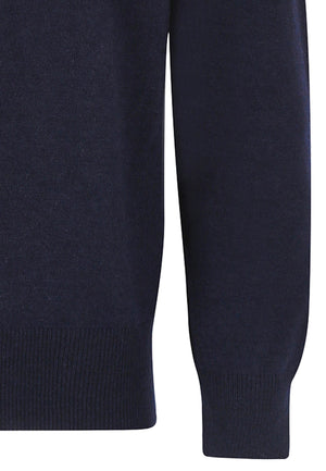 A navy Conrad Wool Blend Jumper with a V-neckline and long sleeves, displaying fine-rib cuffs.