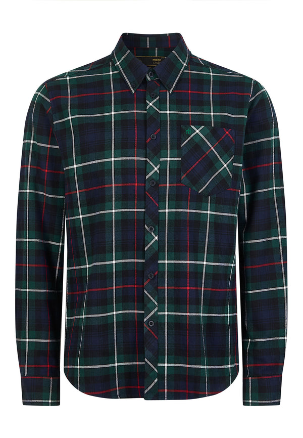 colour_Navy|Brodick Brushed Twill Checked Tartan Shirt - Merc London - Front