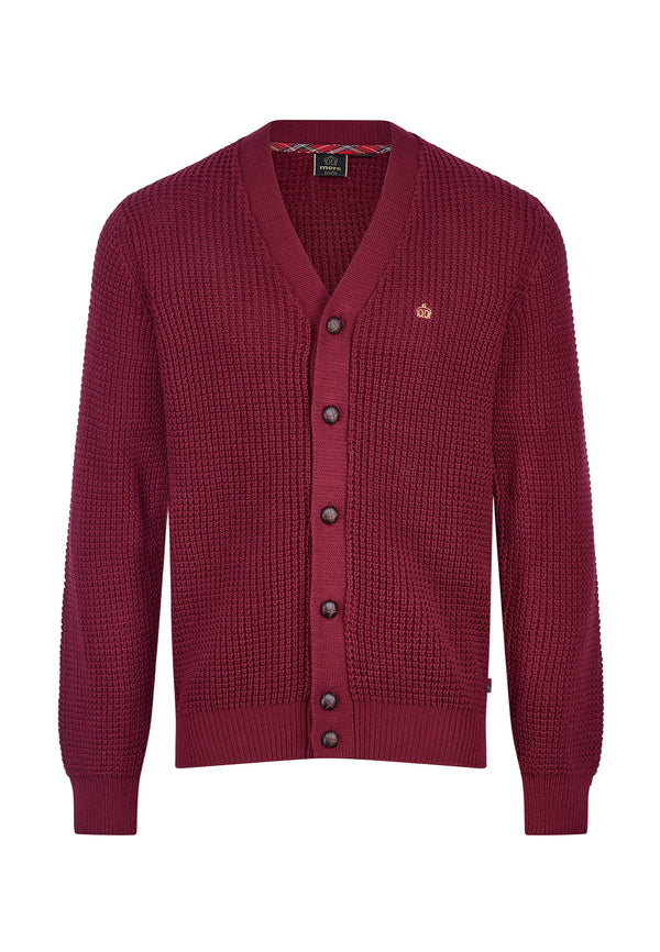 Colour_Burgundy|Grayson Waffle Texture Knitwear Mens Cardigan in Wine