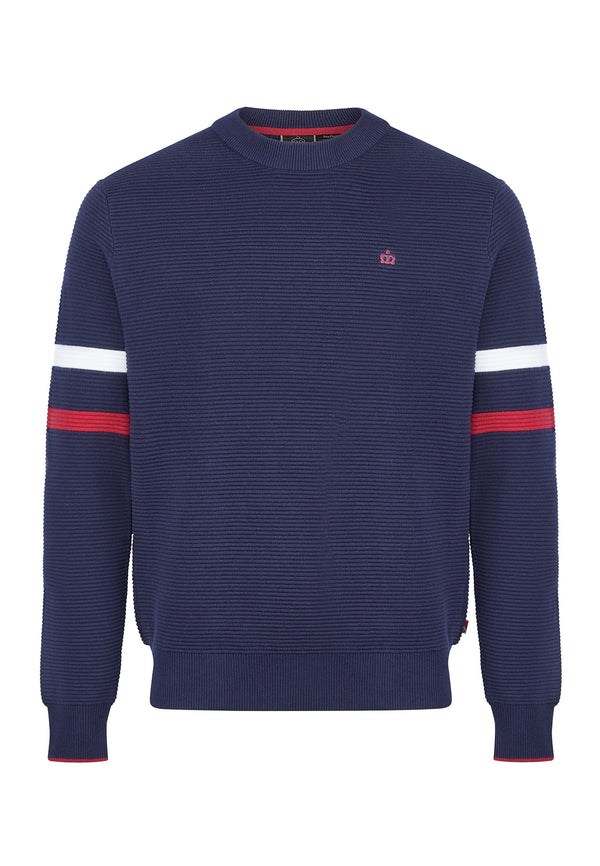 colour_Navy|Blue Merino Wool Ripple Stitch Jumper by Merc London