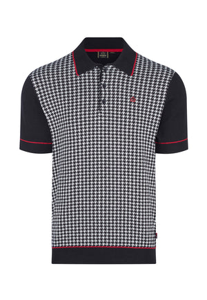 colour_Black|Dogtooth Knitted Polo Shirt by Merc London