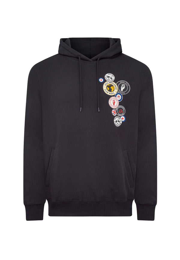 colour_Black|Badged Printed Hoodie with cords