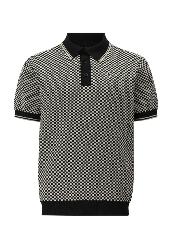 colour_Black|Check Knitted Polo Shirt by Merc