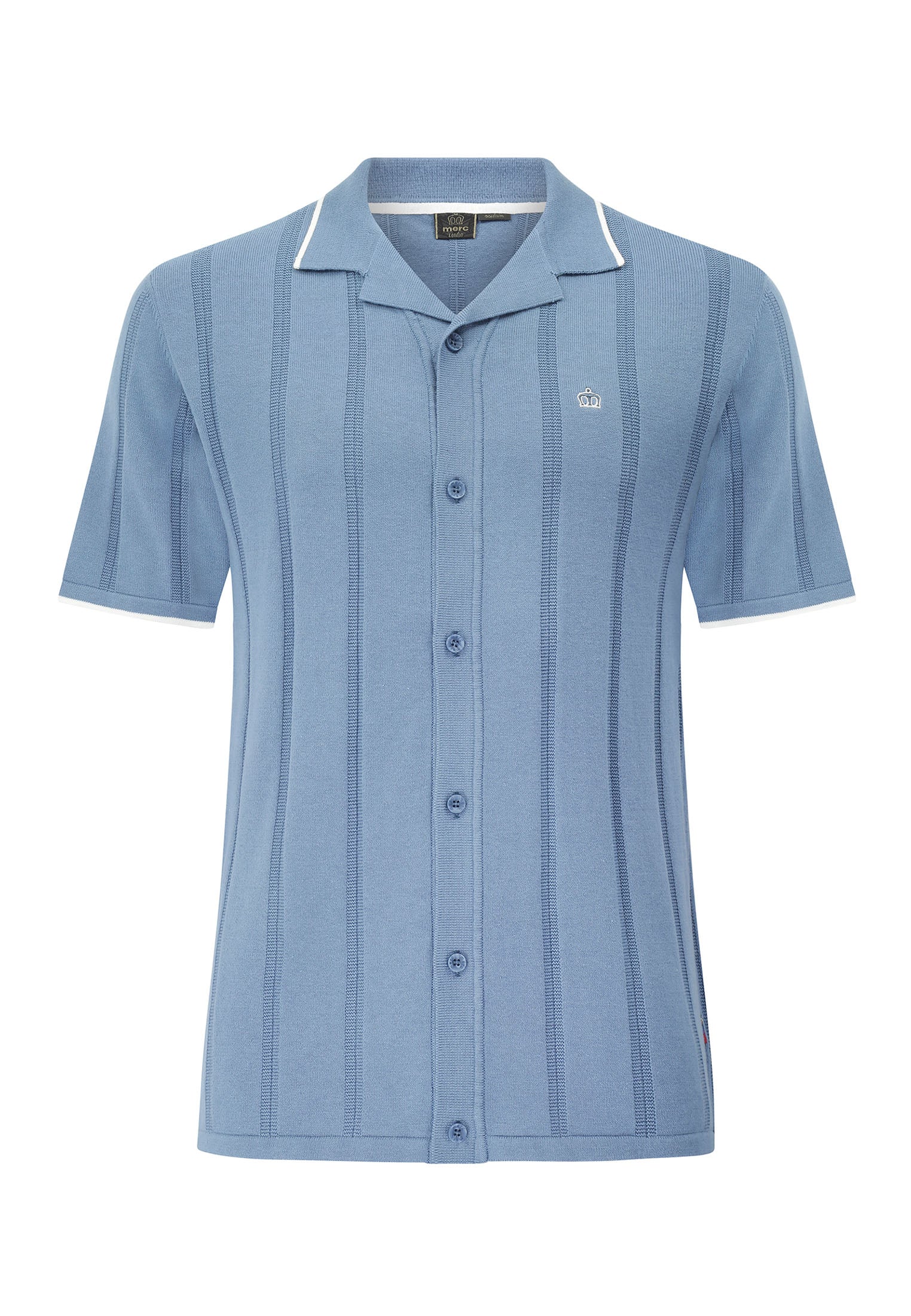 Camp Collar Knitted Polo Shirt in Blue by Merc