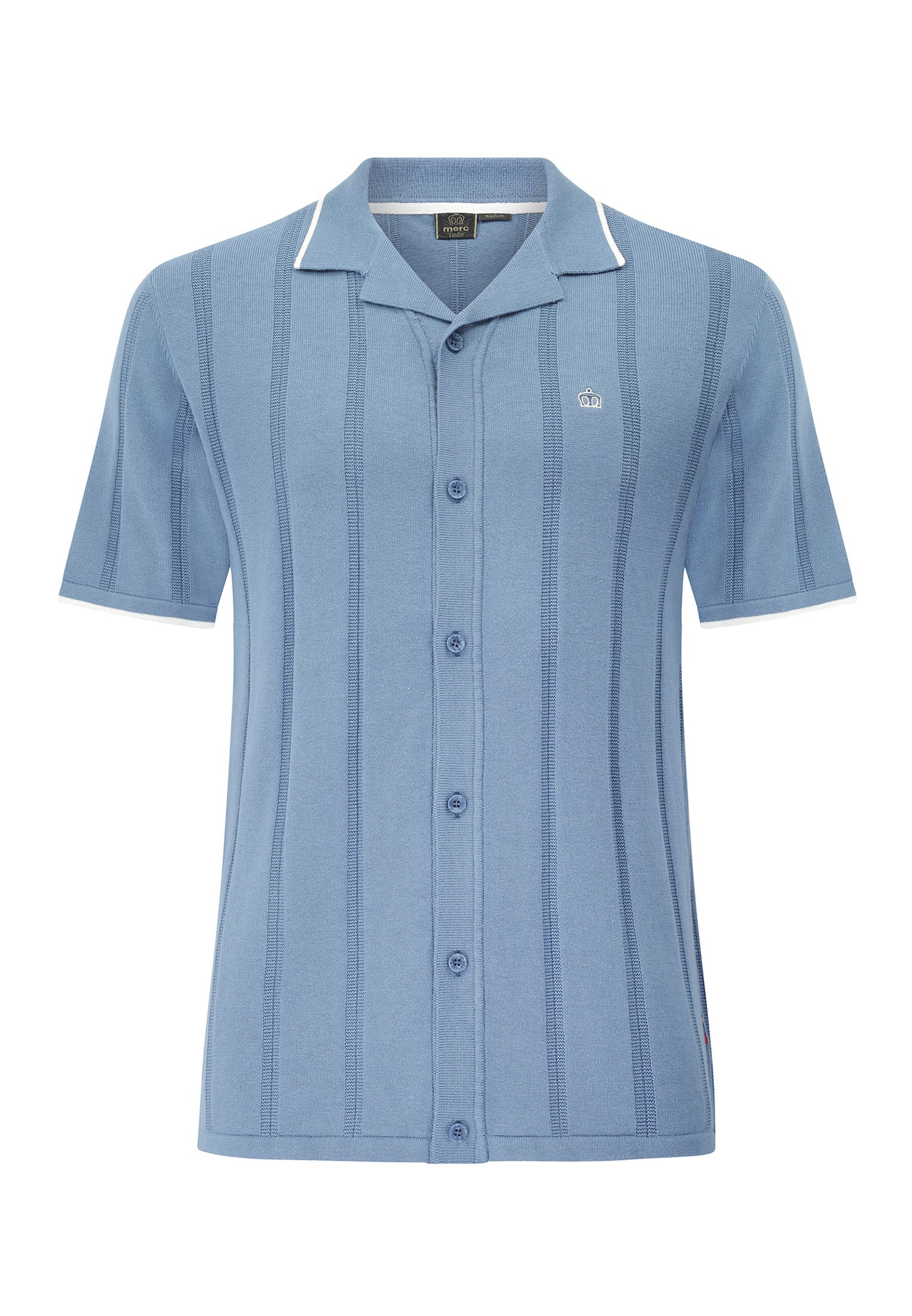 colour_Vintage Blue|Camp Collar Knitted Polo Shirt in Blue by Merc