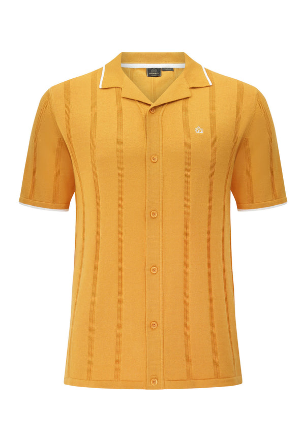 colour_Ochre|Camp Collar Knitted Polo Shirt in Yellow by Merc