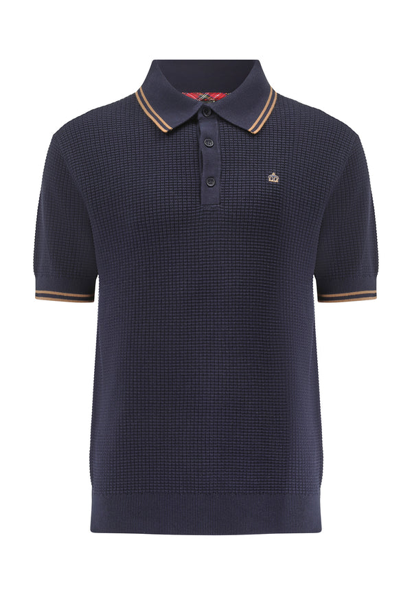 colour_Navy|Waffle Knitted Polo Shirt Front by Merc