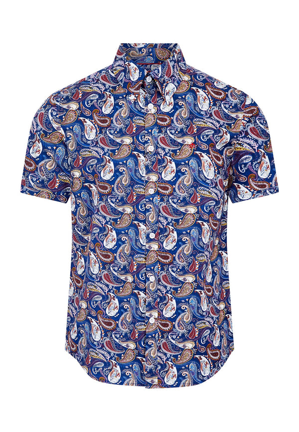 colour_Navy|Short Sleeve Paisley Printed Shirt by Merc 