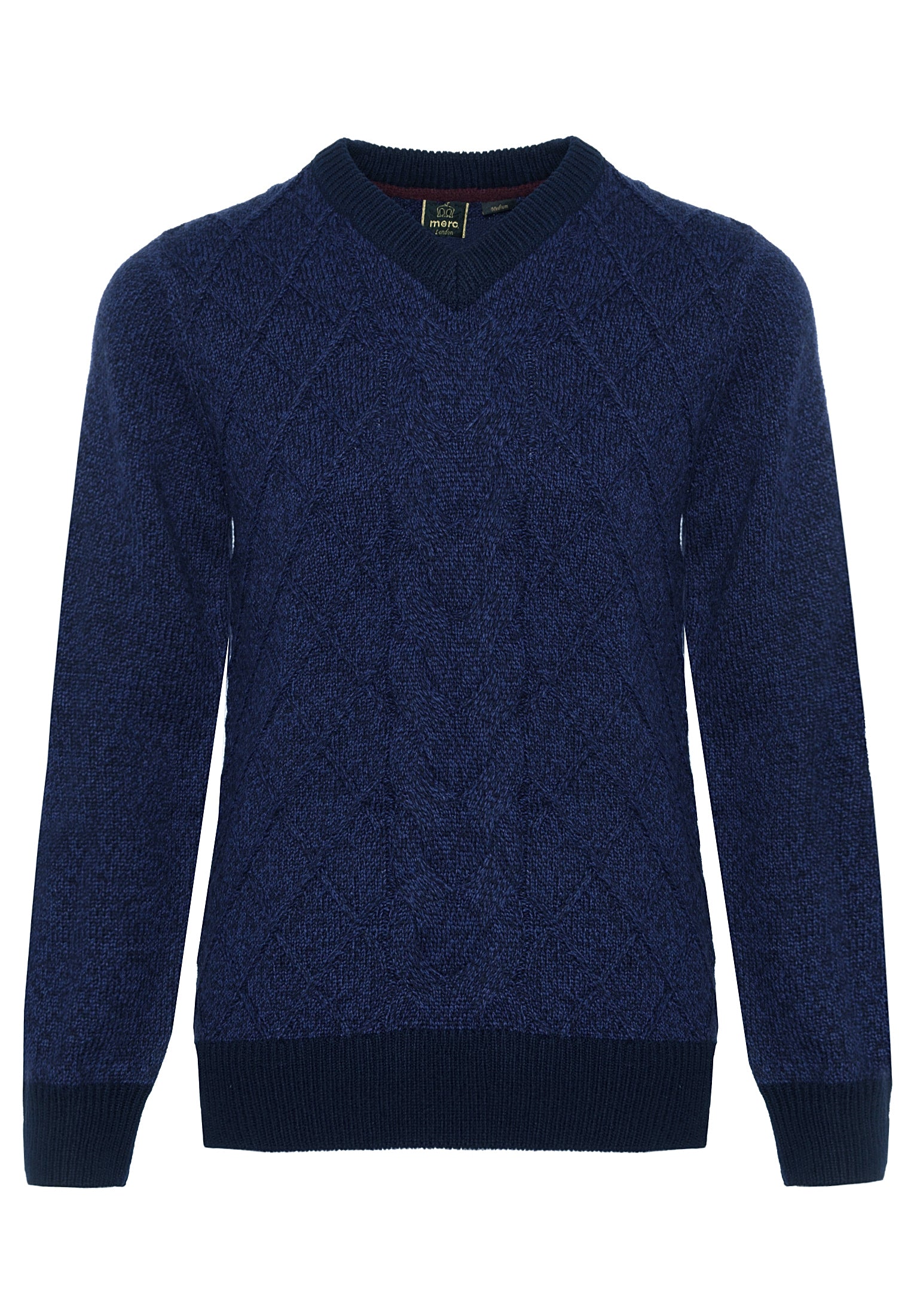 colour_Navy Marl|Hatcliffe cable v-neck jumper - Merc London