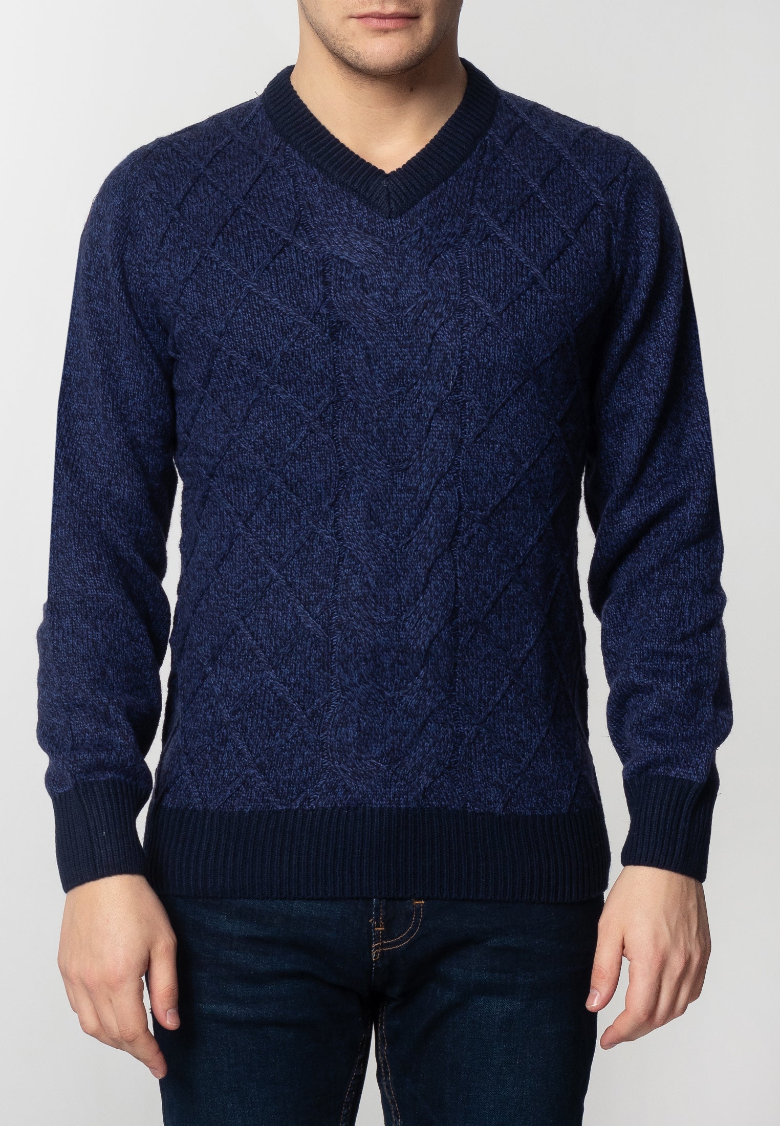 colour_Navy Marl|Hatcliffe cable v-neck jumper - Merc London
