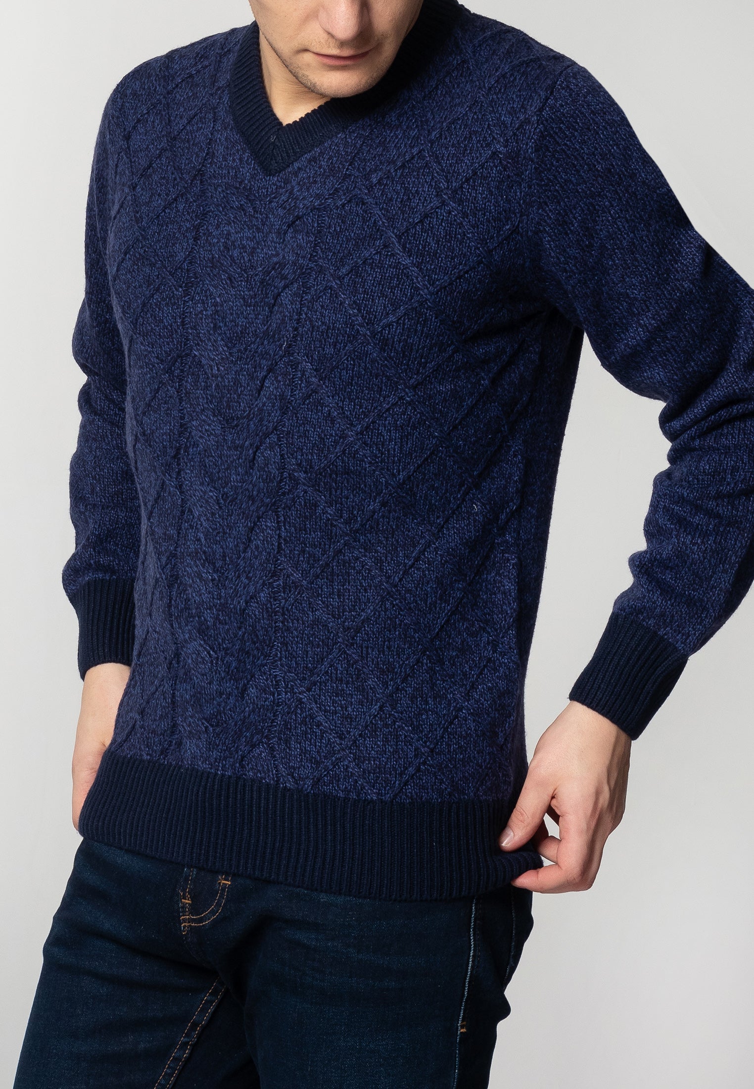 colour_Navy Marl|Hatcliffe cable v-neck jumper - Merc London