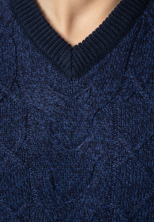 colour_Navy Marl|Hatcliffe cable v-neck jumper - Merc London