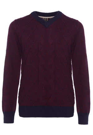 colour_Burgundy Marl|Hatcliffe cable v-neck jumper - Merc London