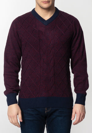 colour_Burgundy Marl|Hatcliffe cable v-neck jumper - Merc London