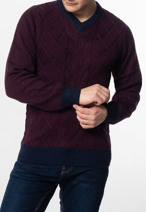 colour_Burgundy Marl|Hatcliffe cable v-neck jumper - Merc London