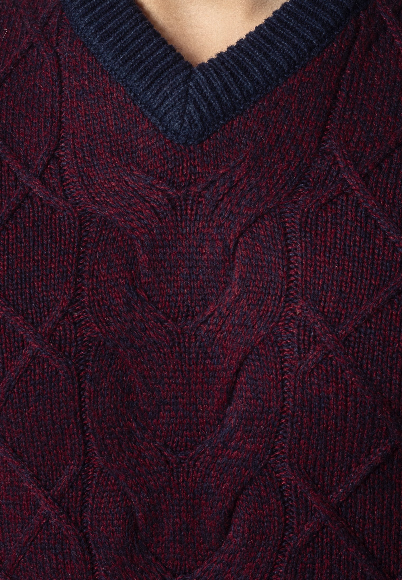 colour_Burgundy Marl|Hatcliffe cable v-neck jumper - Merc London