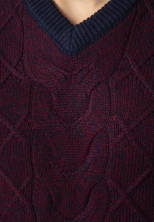 colour_Burgundy Marl|Hatcliffe cable v-neck jumper - Merc London