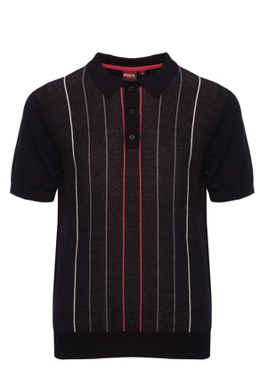 colour_Black|Stirling Vertical Stripes Knitted Polo Shirt - Merc London