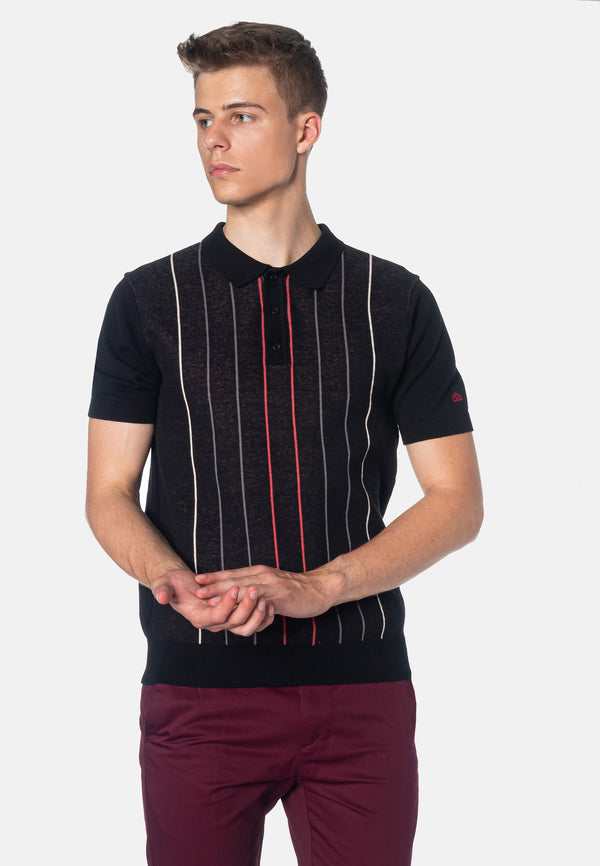 colour_Black|Stirling Vertical Stripes Knitted Polo Shirt - Merc London