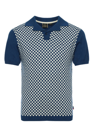 colour_Royale Blue|Wharf Checkerboard Knitted Polo Shirt - Merc London