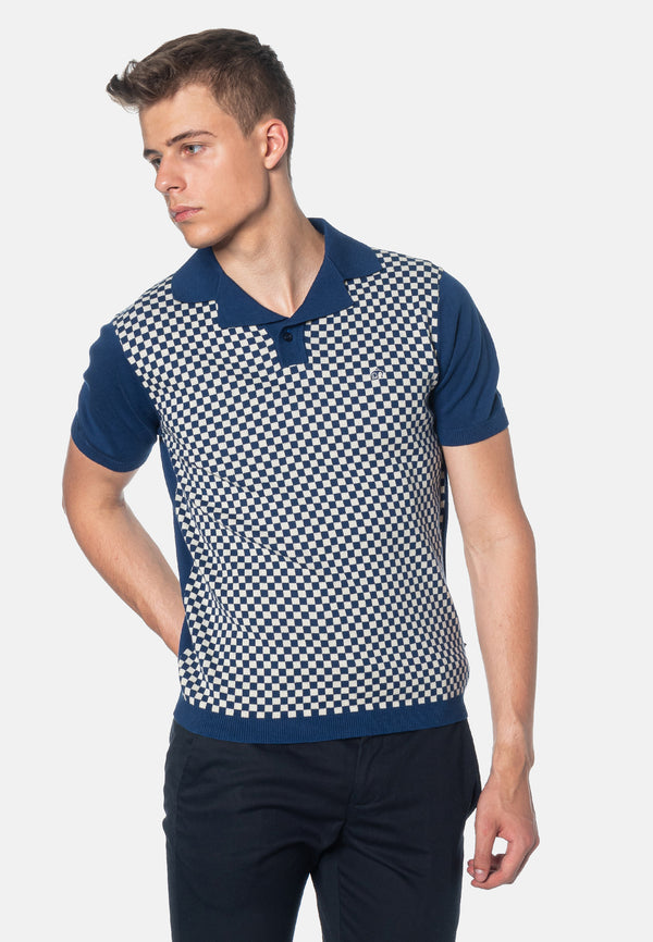 colour_Royale Blue|Wharf Checkerboard Knitted Polo Shirt - Merc London