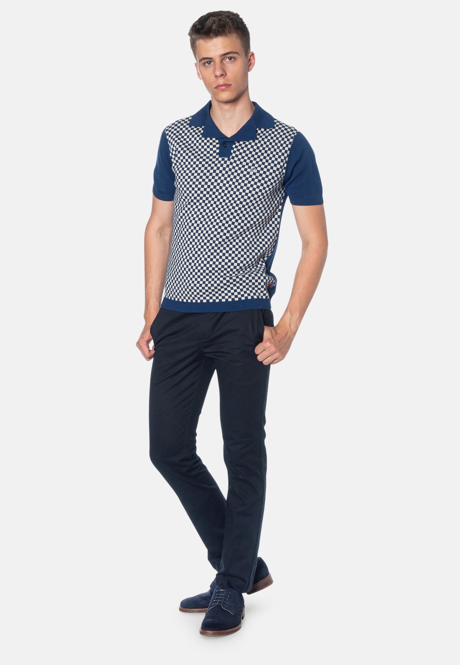 colour_Royale Blue|Wharf Checkerboard Knitted Polo Shirt - Merc London