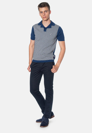 colour_Royale Blue|Wharf Checkerboard Knitted Polo Shirt - Merc London