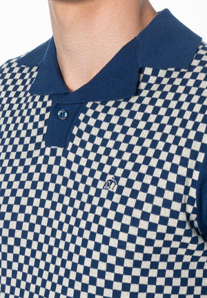 colour_Royale Blue|Wharf Checkerboard Knitted Polo Shirt - Merc London