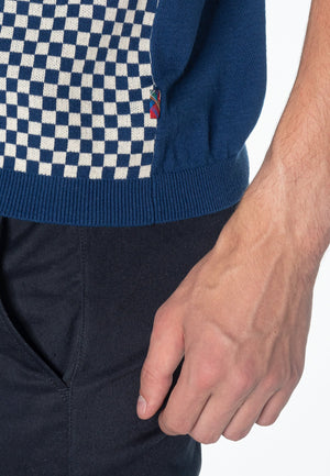 colour_Royale Blue|Wharf Checkerboard Knitted Polo Shirt - Merc London