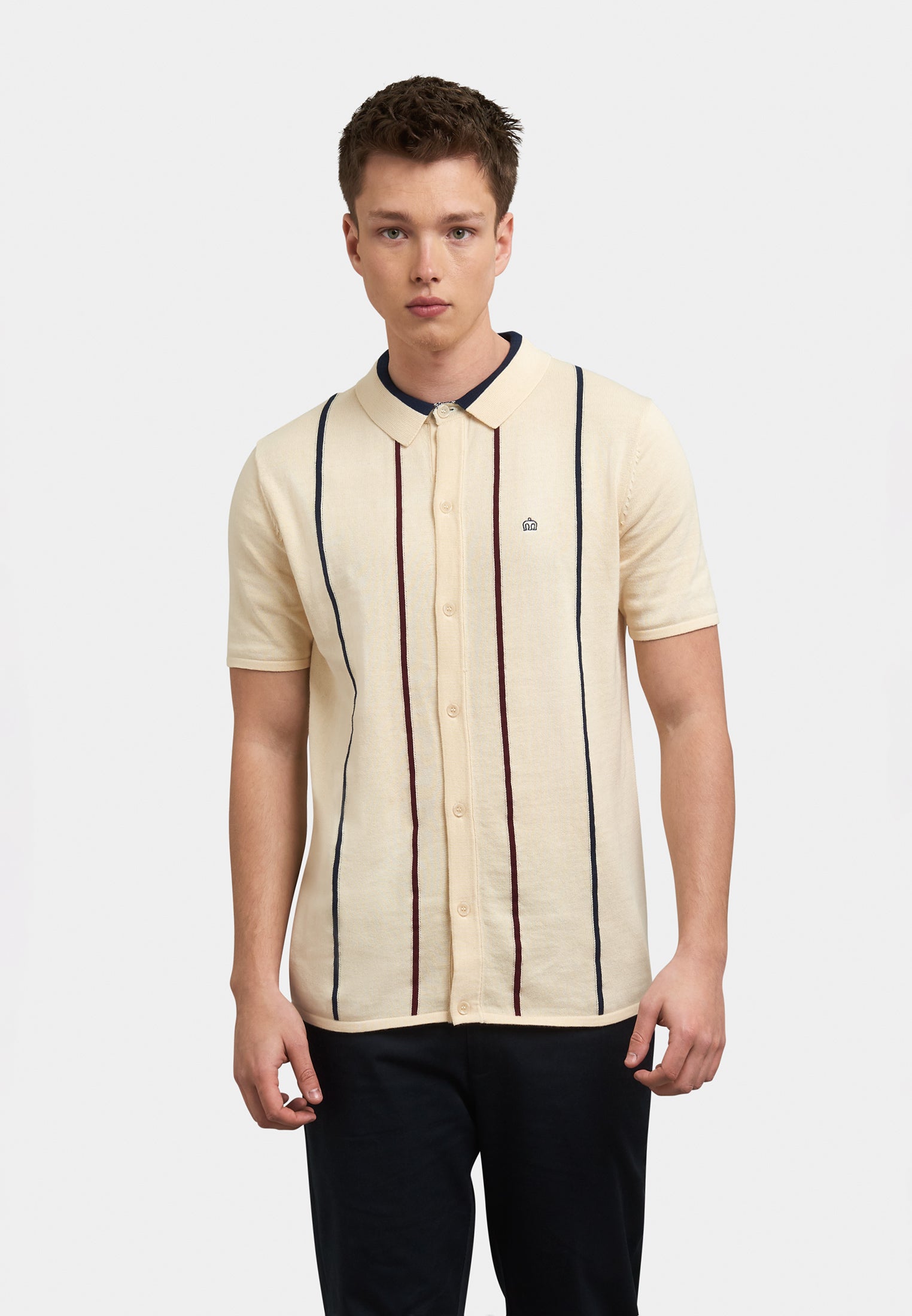 Eden Stripes Knitted Polo Shirt Front - Merc London